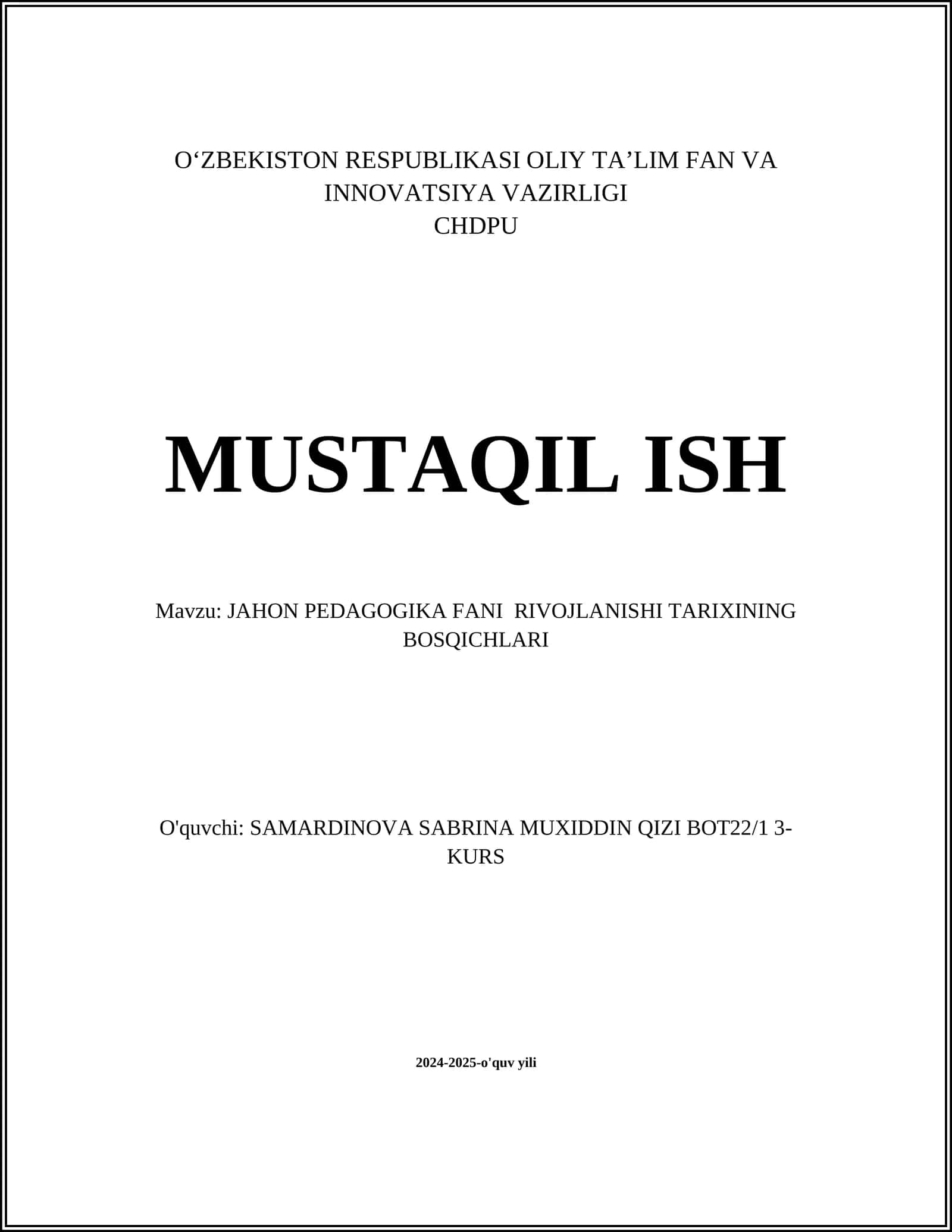 JAHON PEDAGOGIKA FANI RIVOJLANISHI TARIXINING BOSQICHLARI