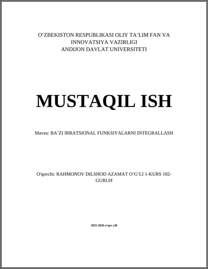 BAʼZI IRRATSIONAL FUNKSIYALARNI INTEGRALLASH