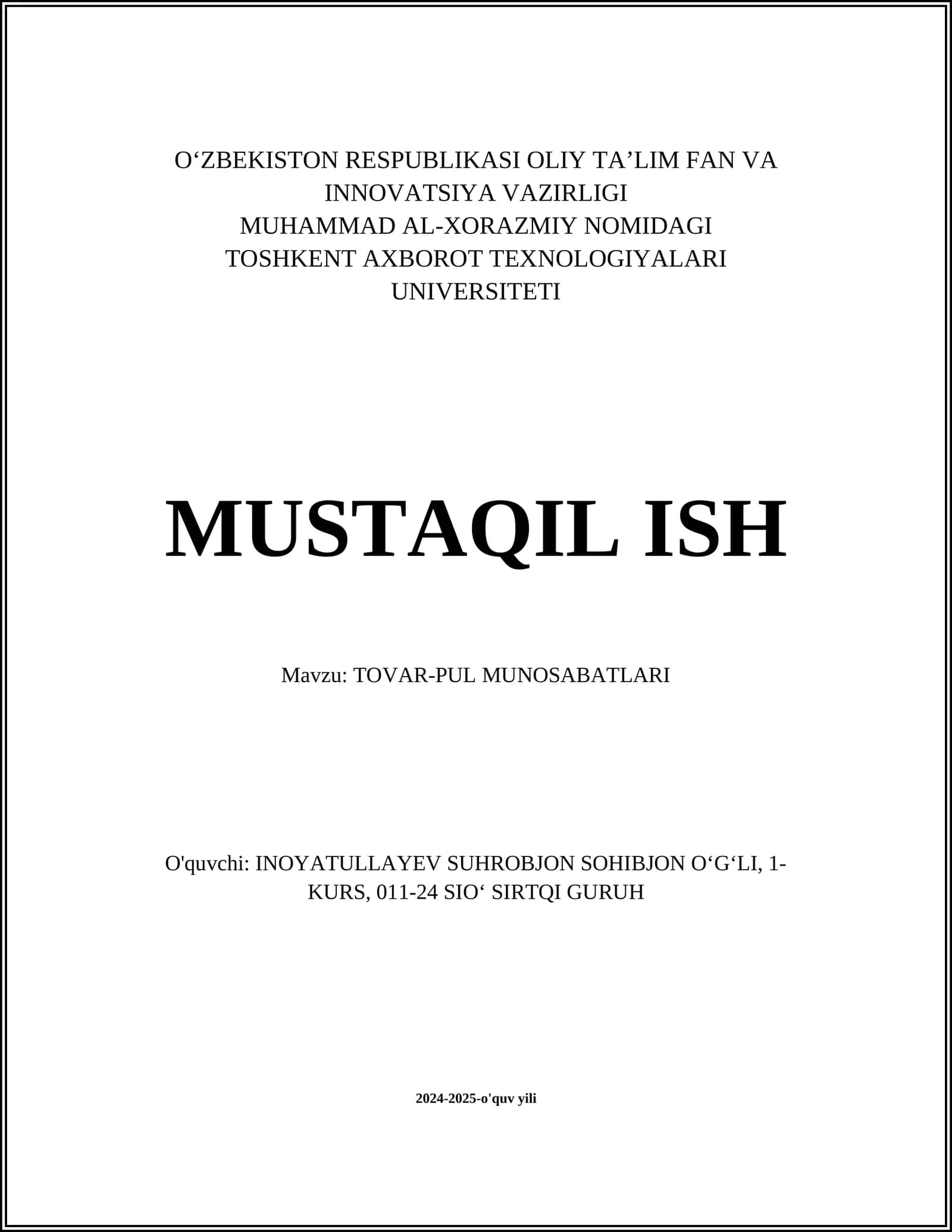 TOVAR-PUL MUNOSABATLARI