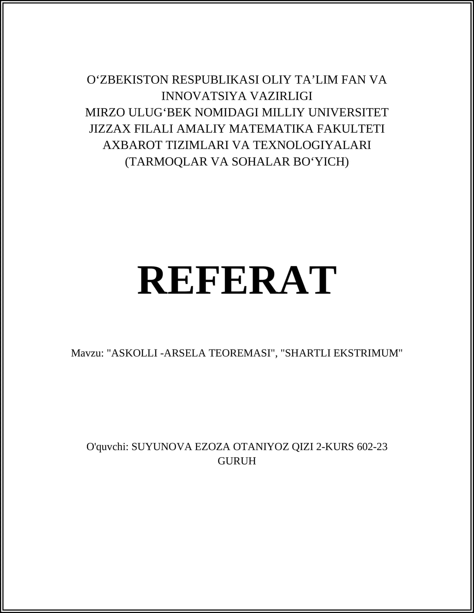 ASKOLLI -ARSELA TEOREMASI, SHARTLI EKSTRIMUM
