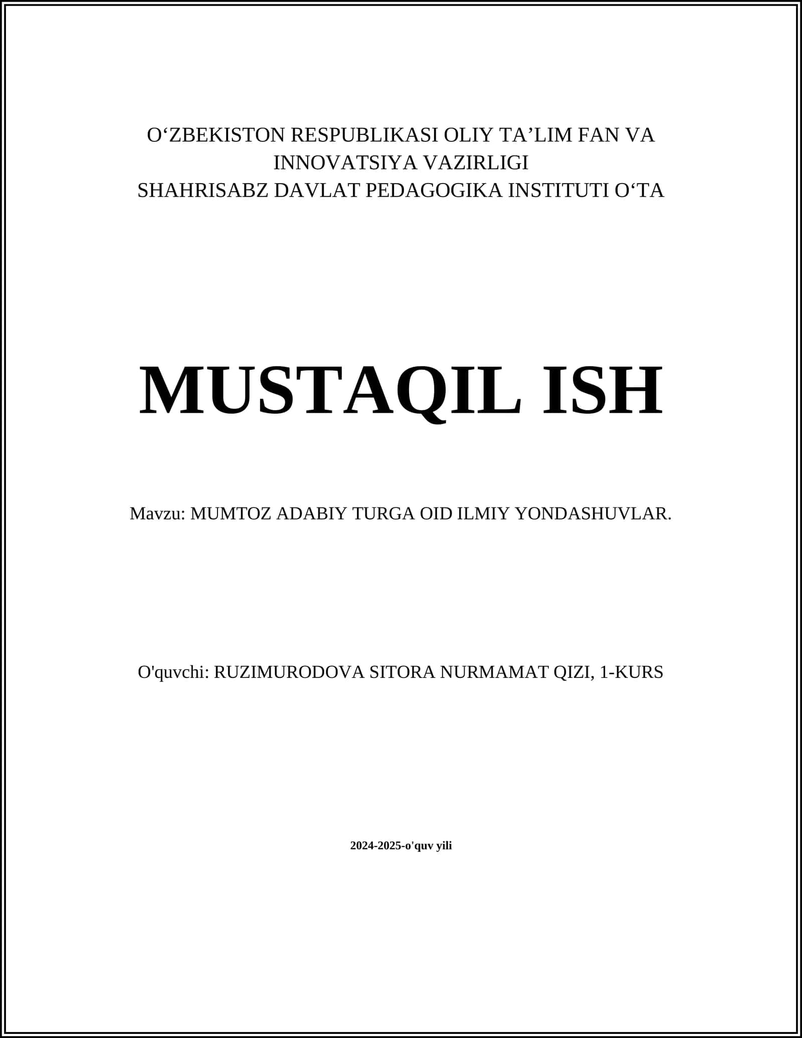 MUMTOZ ADABIY TURGA OID ILMIY YONDASHUVLAR