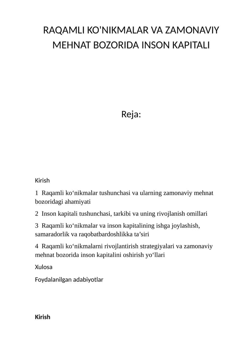 Raqamli Ko'nikmalar va Zamonaviy Mehnat Bozorida Inson Kapitali