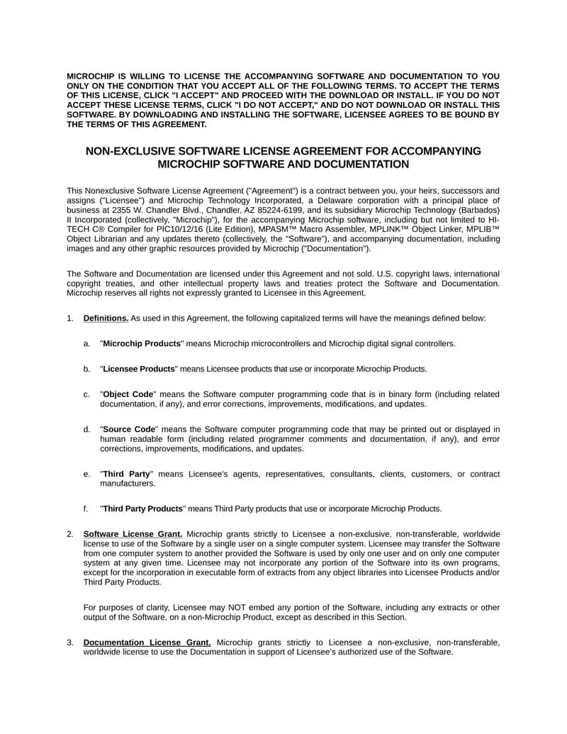 MICROCHIP SOFTWARE LICENSE AGREEMENT