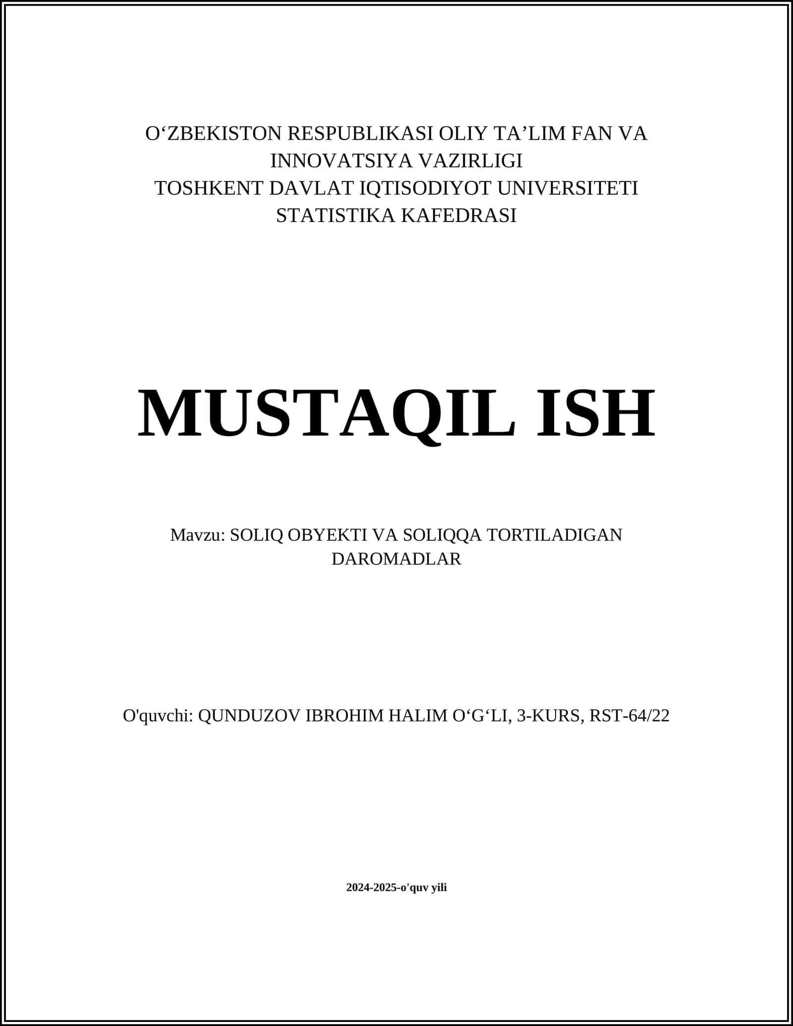SOLIQ OBYEKTI VA SOLIQQA TORTILADIGAN DAROMADLAR
