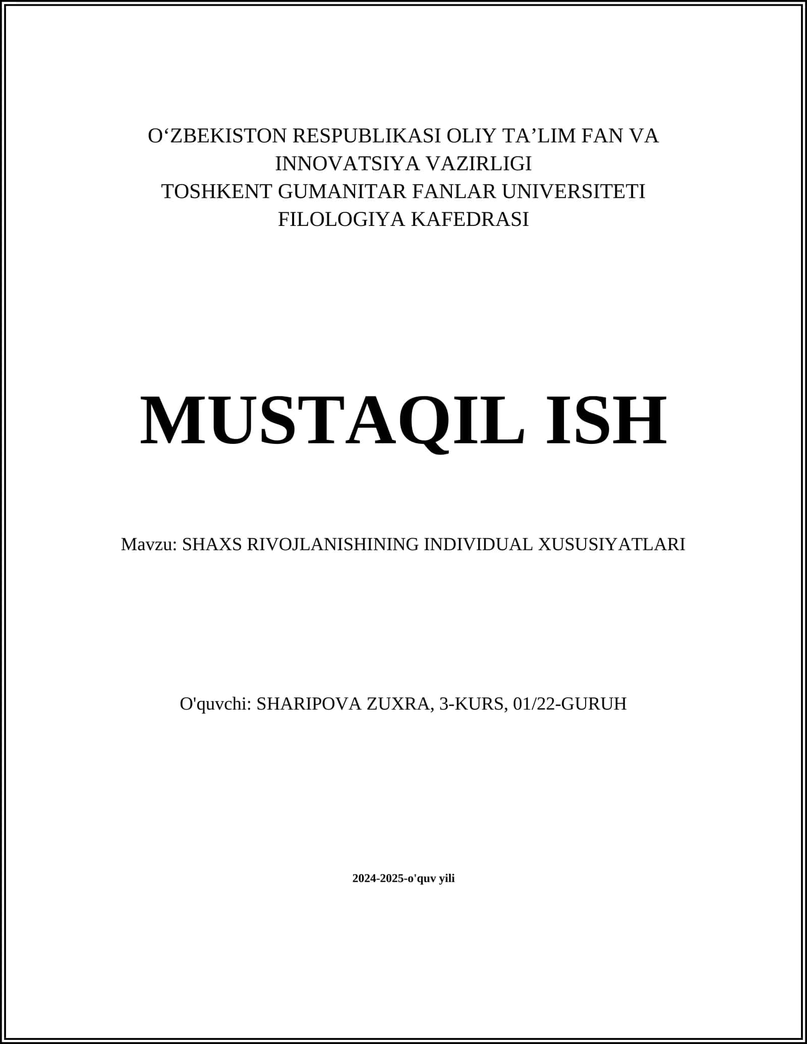 SHAXS RIVOJLANISHINING INDIVIDUAL XUSUSIYATLARI