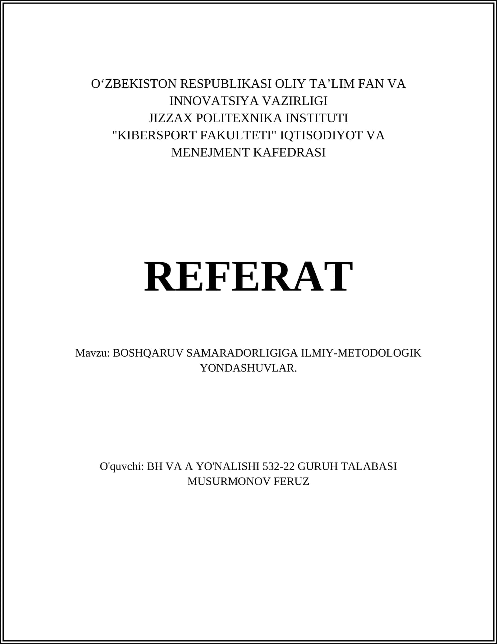 BOSHQARUV SAMARADORLIGIGA ILMIY-METODOLOGIK YONDASHUVLAR