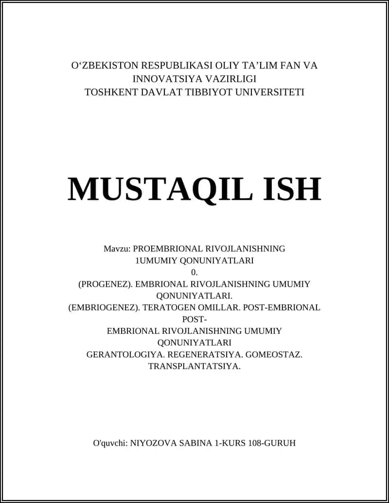 PROEMBRIONAL RIVOJLANISHNING UMUMIY QONUNIYATLARI