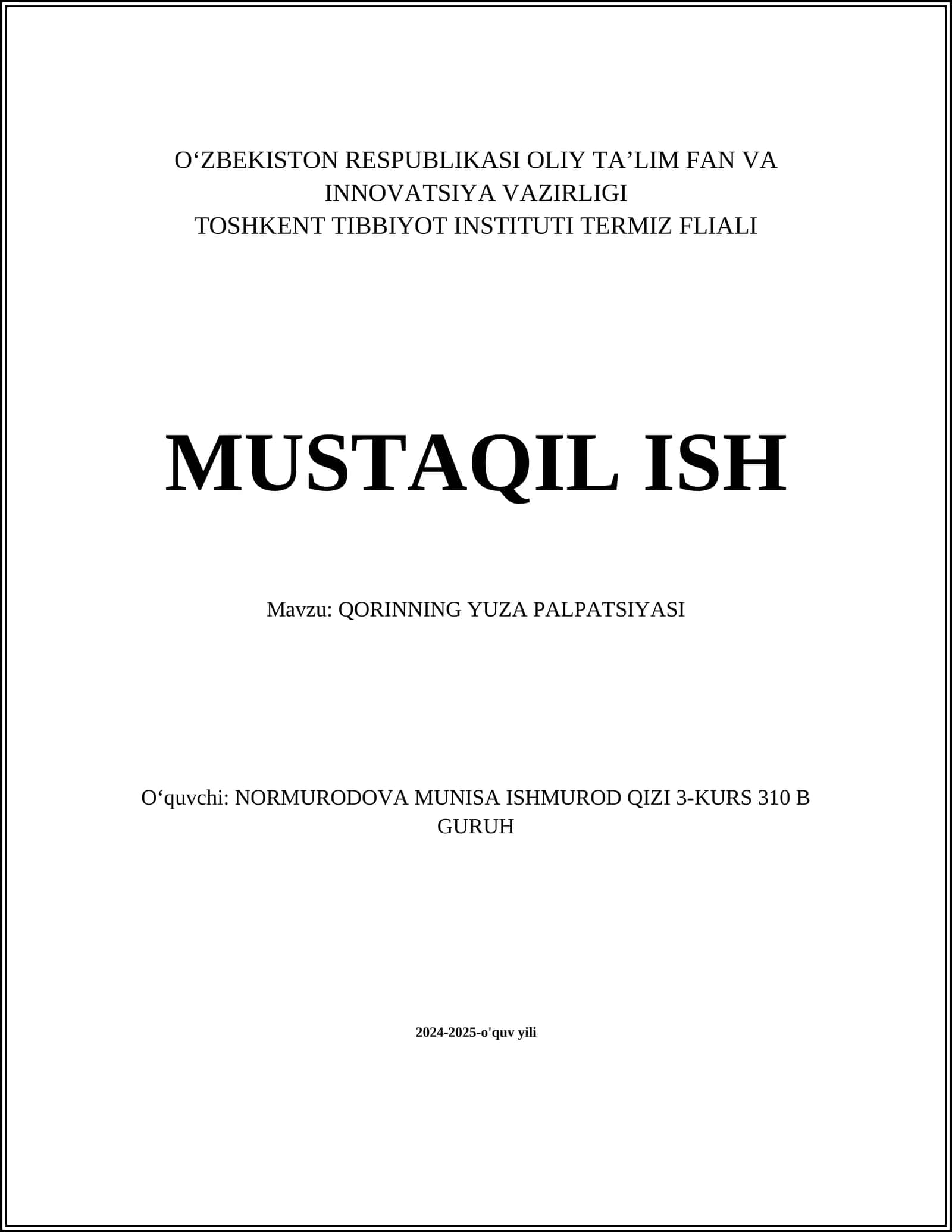 QORINNING YUZA PALPATSIYASI