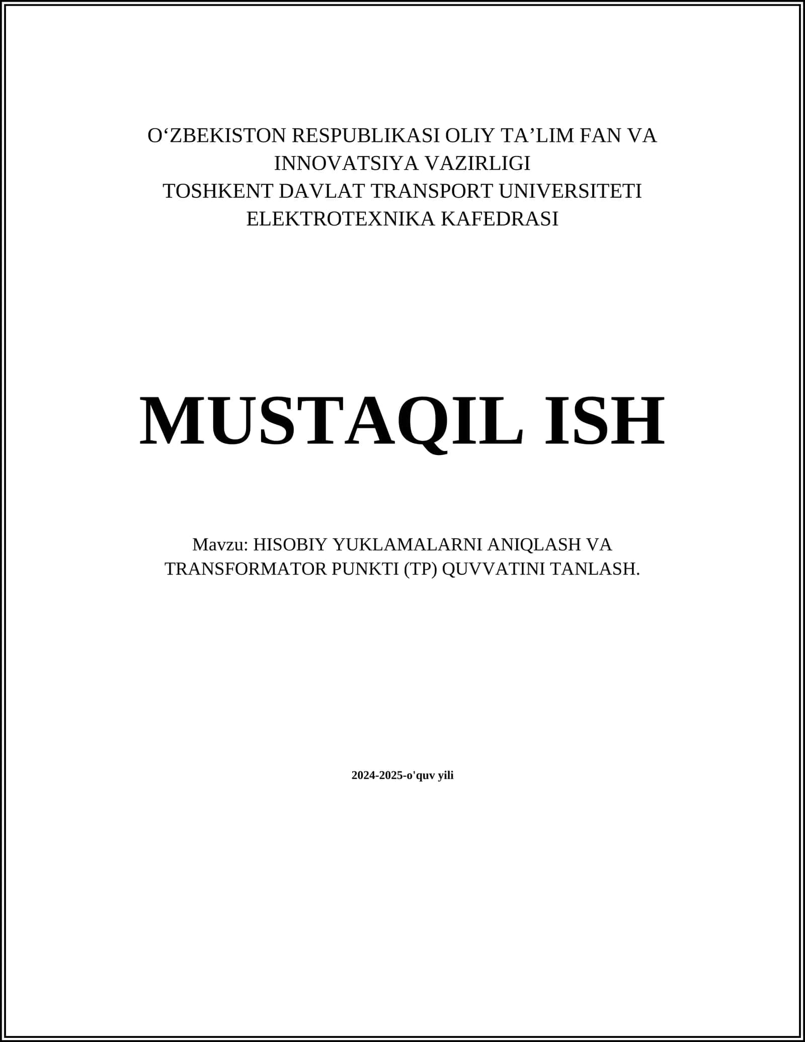 HISOBIY YUKLAMALARNI ANIQLASH VA TRANSFORMATOR PUNKTI (TP) QUVVATINI TANLASH