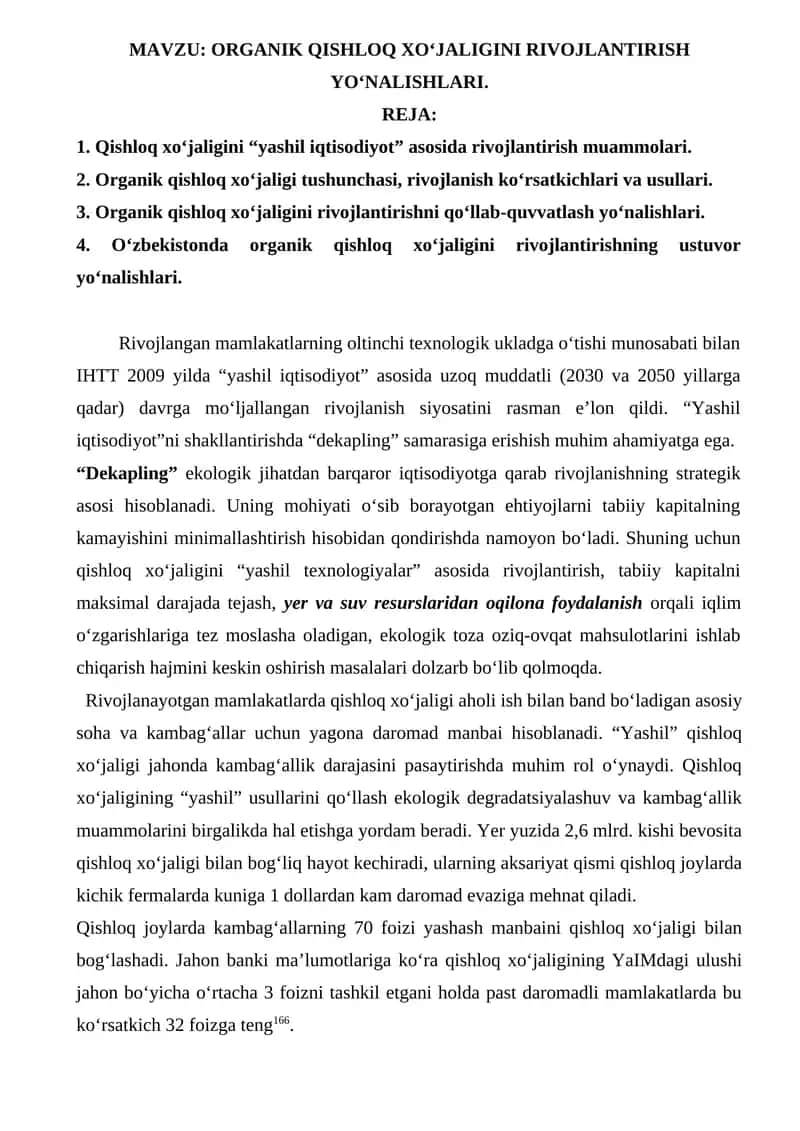 Organik Qishloq Xo‘jaligini Rivojlantirish Yo‘nalishlari