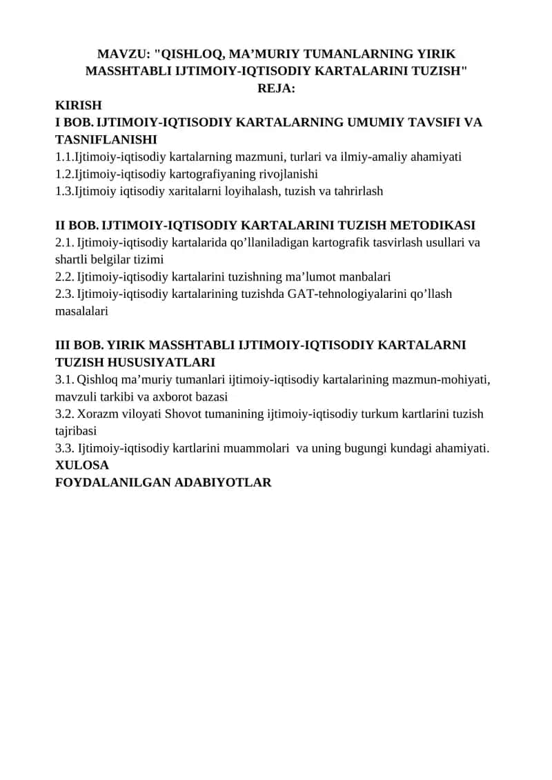 "QISHLOQ, MA’MURIY TUMANLARNING YIRIK MASSHTABLI IJTIMOIY-IQTISODIY KARTALARINI TUZISH"