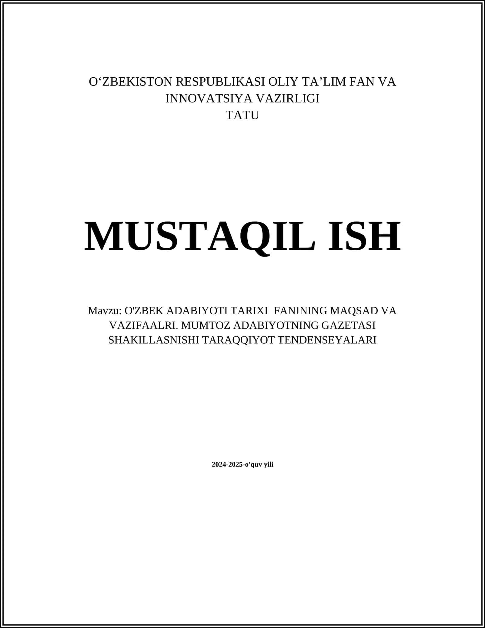 O'zbek adabiyoti tarixi fanining maqsad va vazifaalari