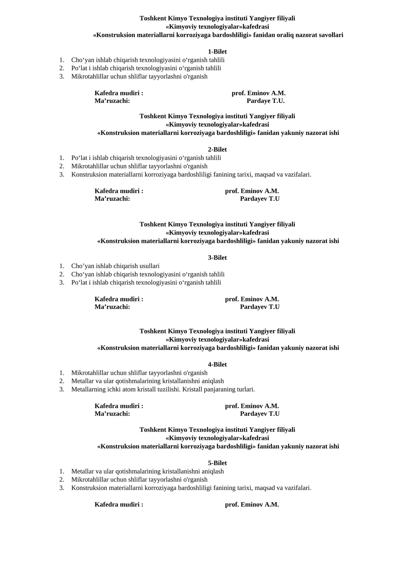 Konstruksion materiallarni korroziyaga bardoshliligi fanidan oraliq nazorat savollari