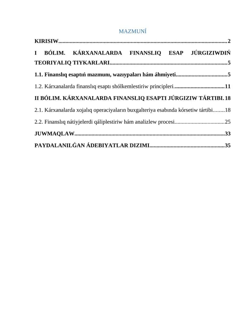 Karxanalarda finanslıq esaptı jurgiziw