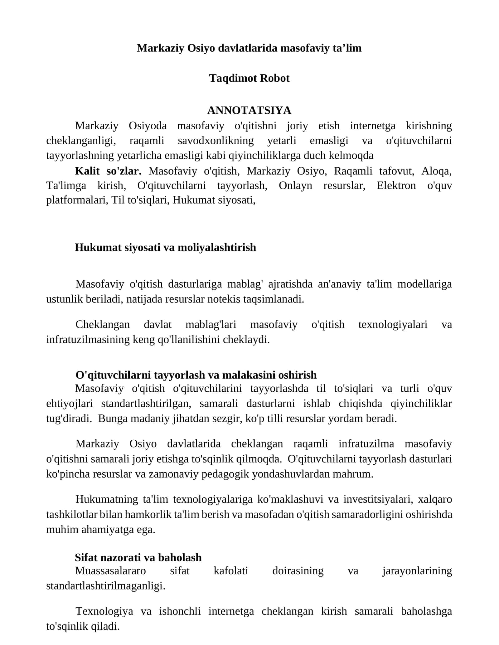 Markaziy Osiyo davlatlarida masofaviy taʼlim