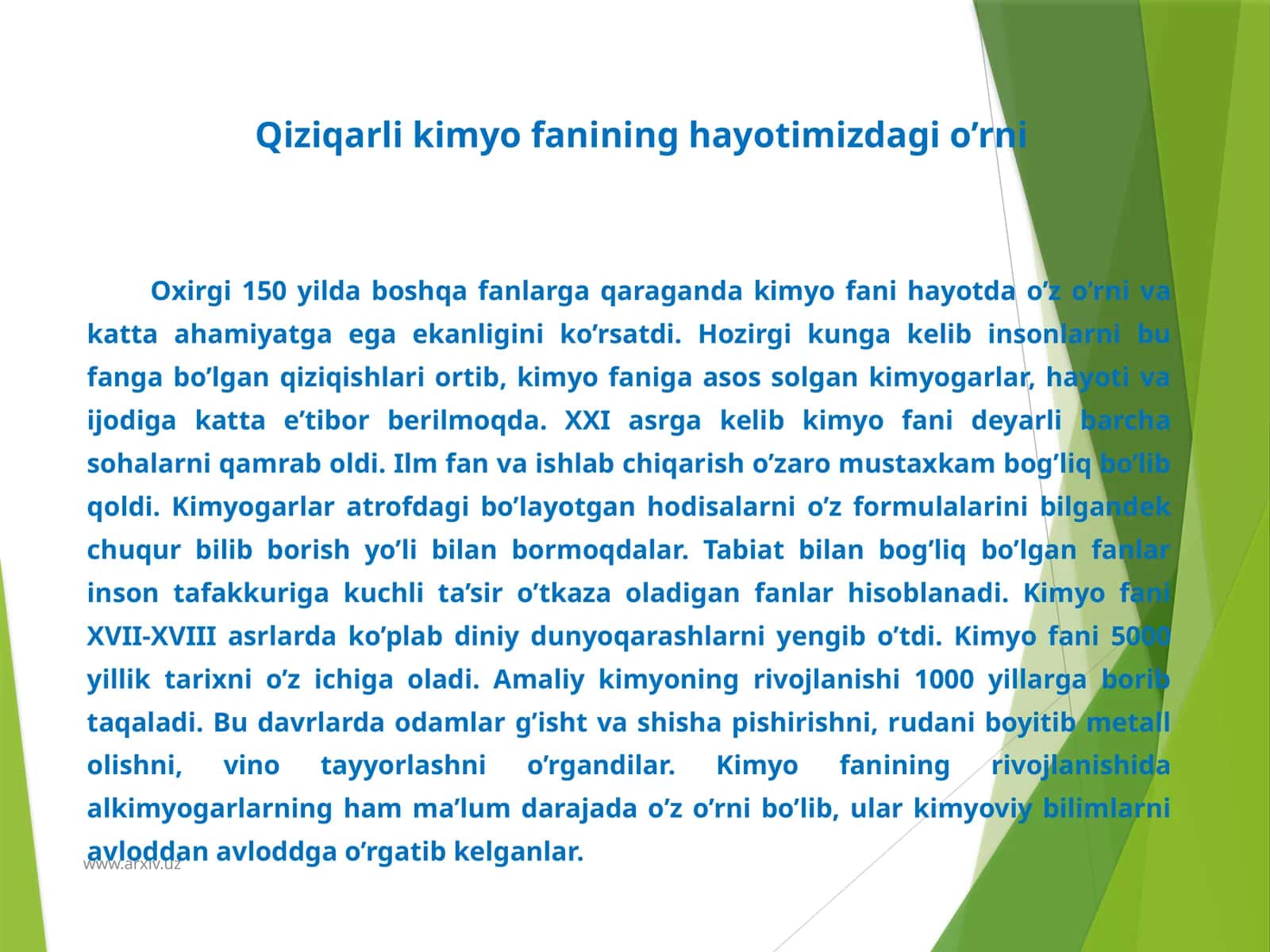 Qiziqarli kimyo fanining hayotimizdagi o'rni