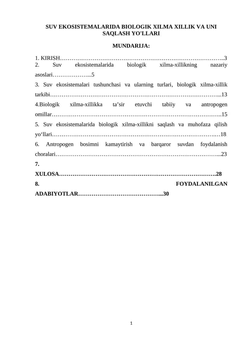 SUV EKOSISTEMALARIDA BIOLOGIK XILMA XILLIK VA UNI SAQLASH YO'LLARI