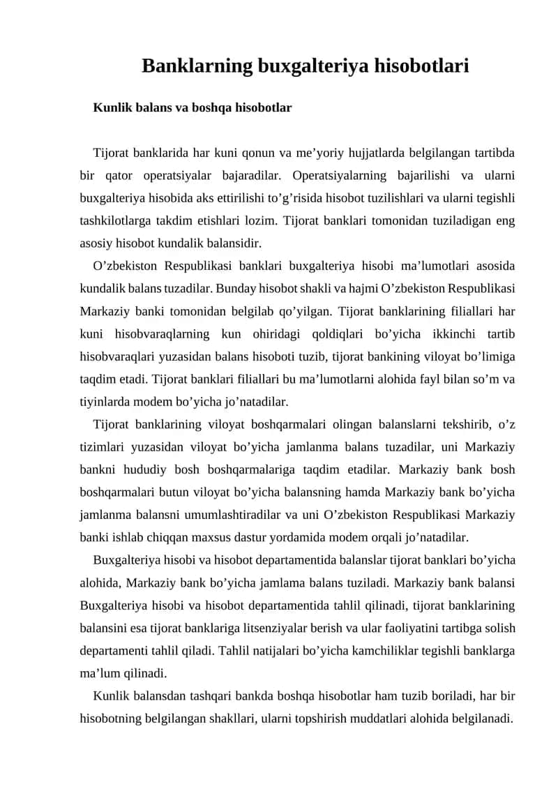 Banklarning buxgalteriya hisobotlari