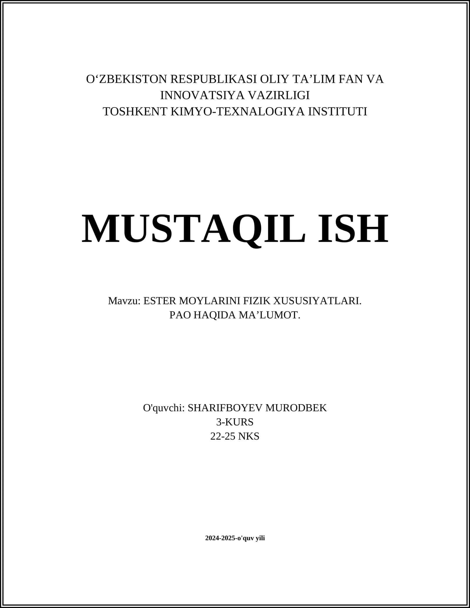 ESTER MOYLARINI FIZIK XUSUSIYATLARI
