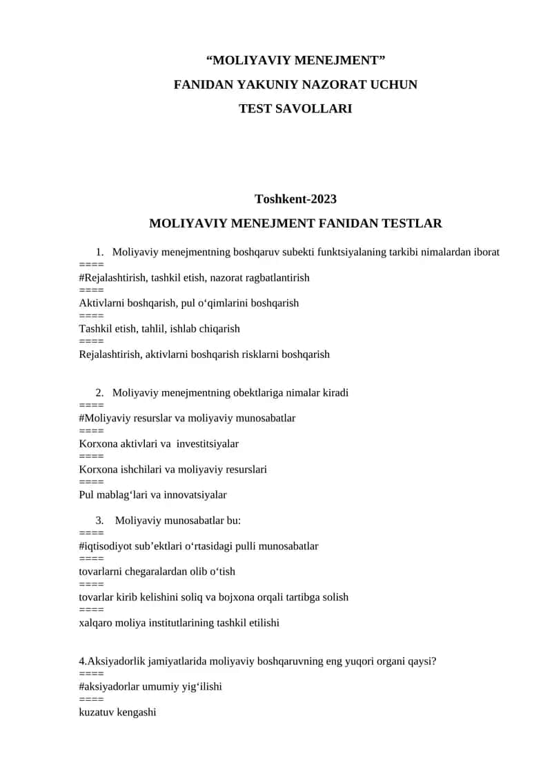 MOLIYAVIY MENEJMENT FANIDAN TESTLAR