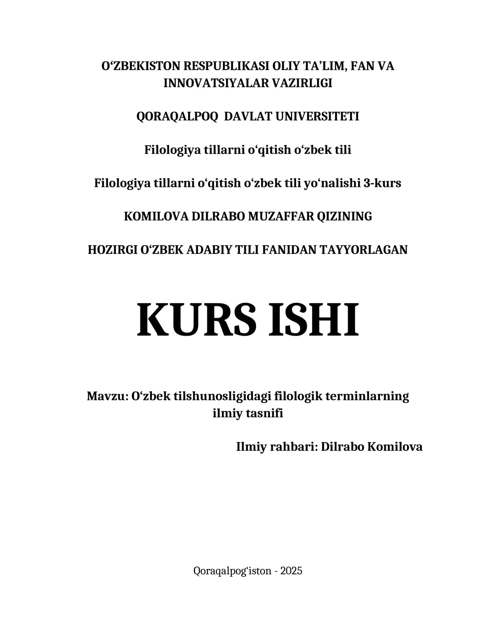O‘zbek Tili Filologik Terminlarning Ilmiy Tasnifi