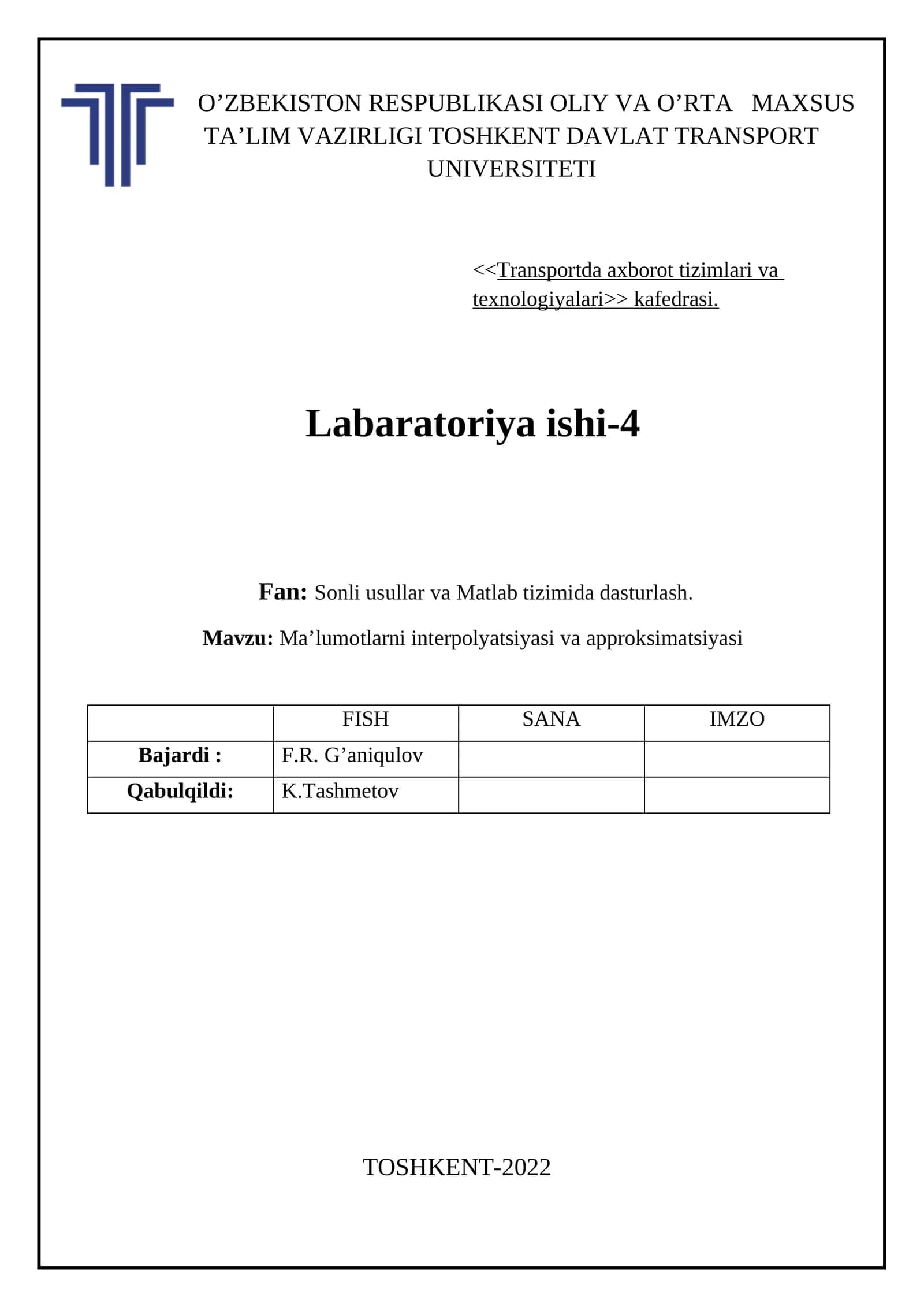 Ma’lumotlarni interpolyatsiyasi va approksimatsiyasi