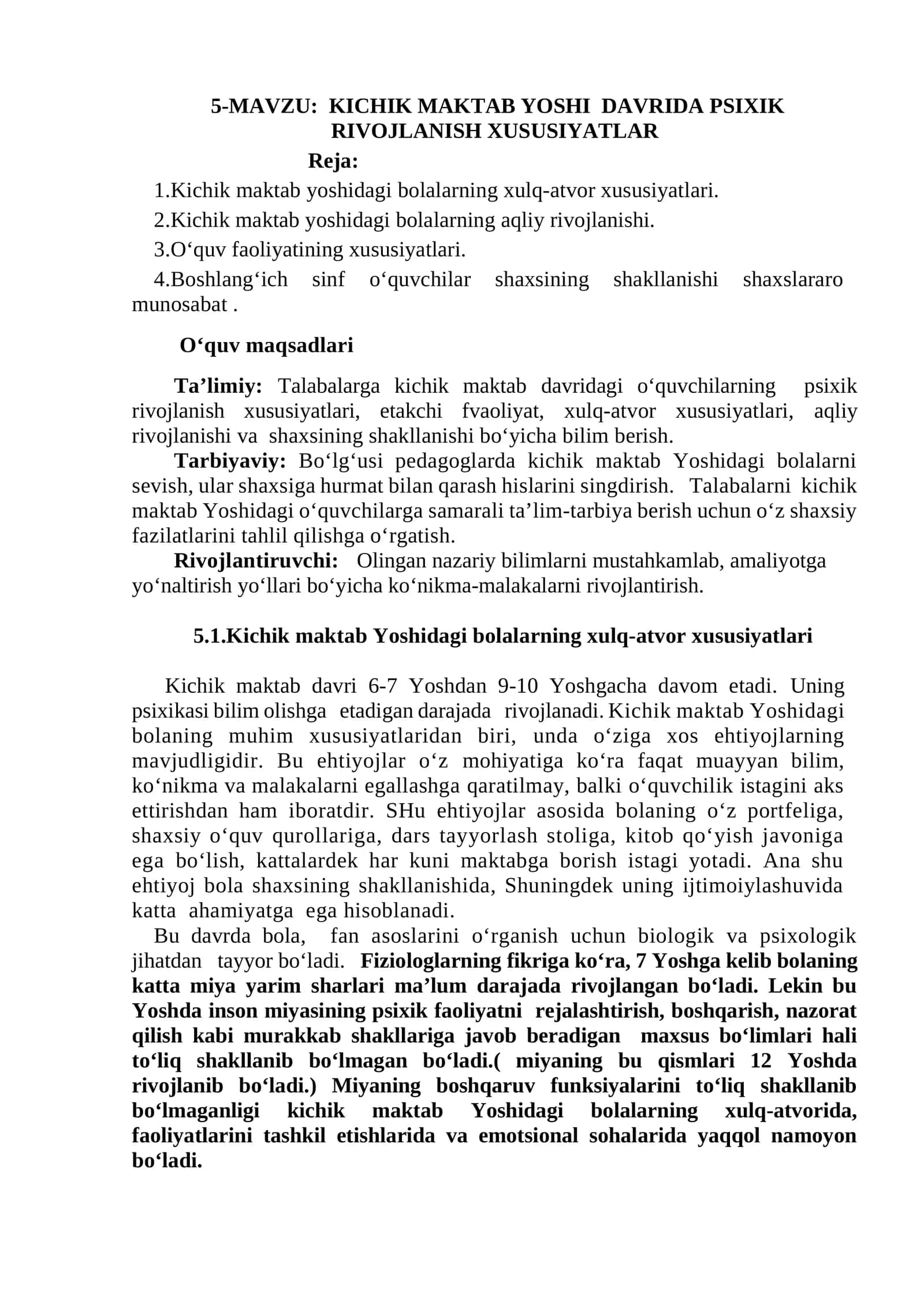 KICHIK MAKTAB YOSHI DAVRIDA PSIXIK RIVOJLANISH XUSUSIYATLAR