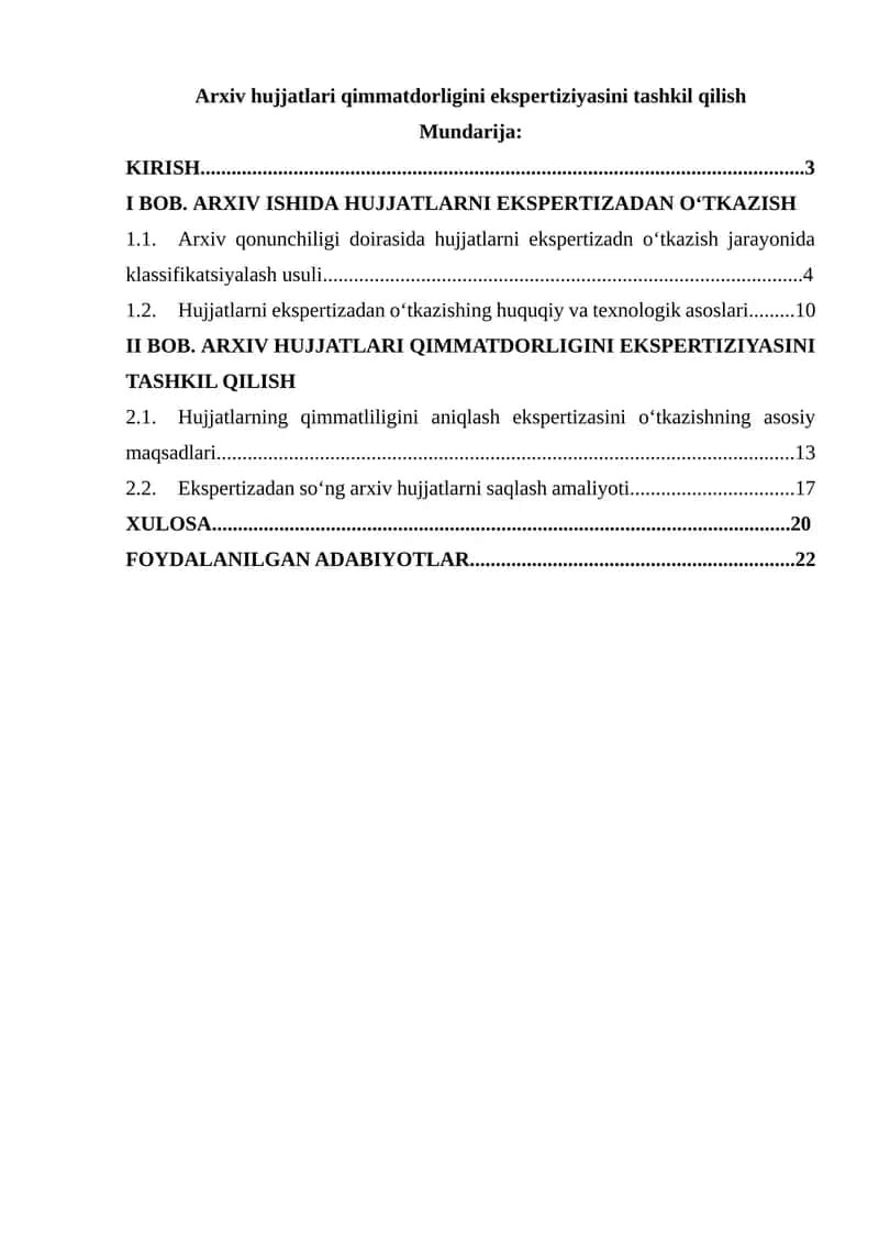 Arxiv hujjatlari qimmatdorligini ekspertiziyasini tashkil qilish