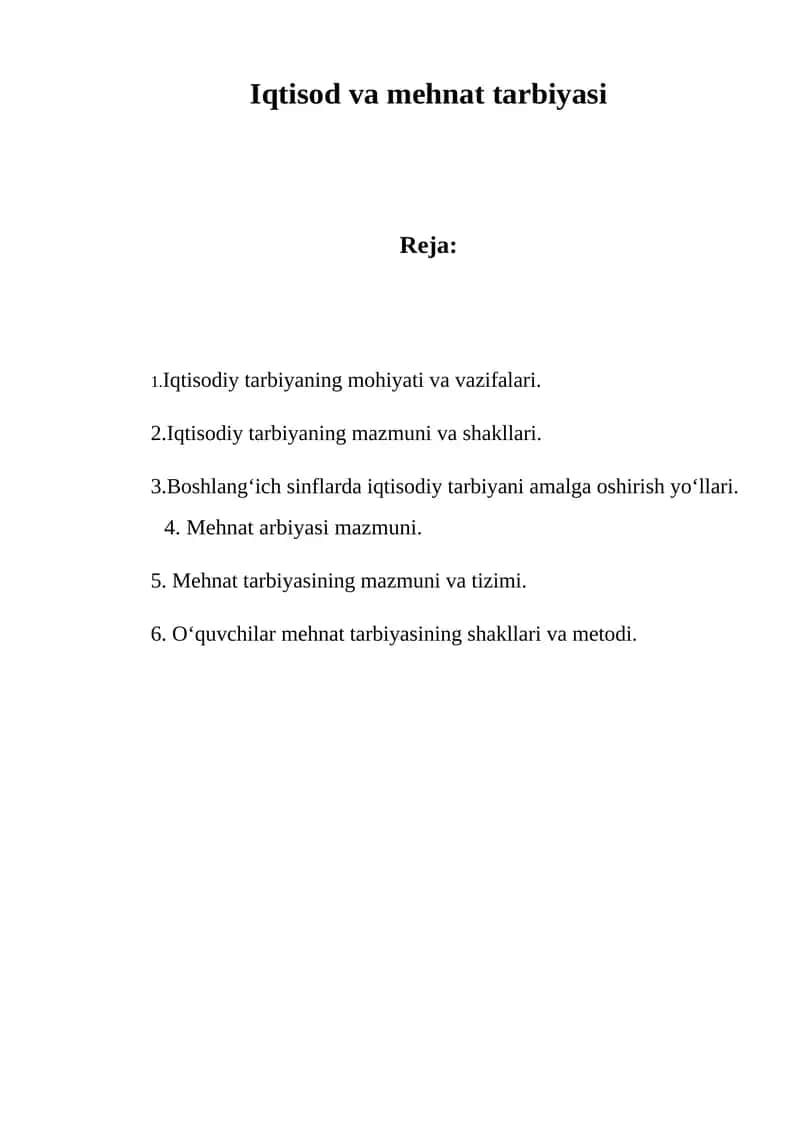 Iqtisod va mehnat tarbiyasi