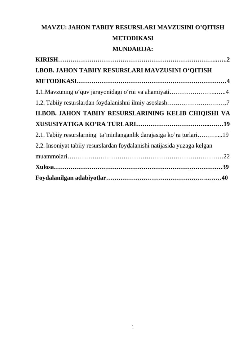 JAHON TABIIY RESURSLARI MAVZUSINI O’QITISH METODIKASI
