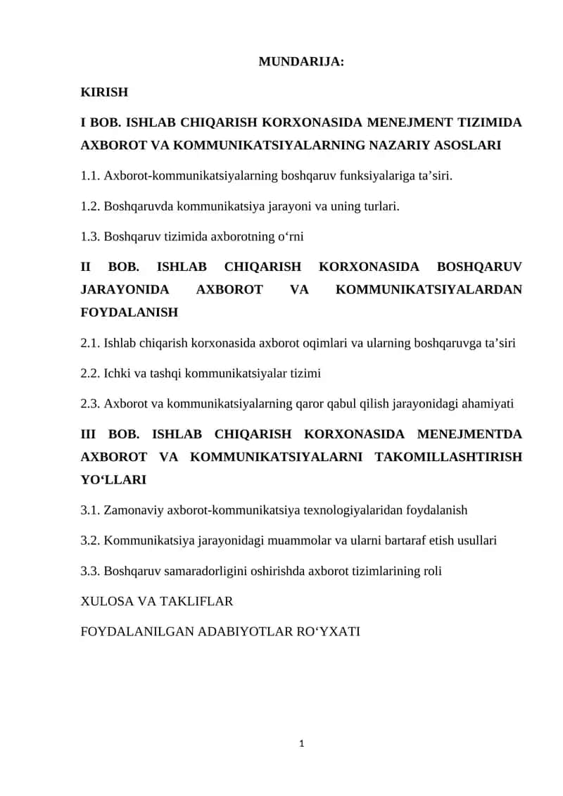 ISHLAB CHIQARISH KORXONASIDA MENEJMENT TIZIMIDA AXBOROT VA KOMMUNIKATSIYALARNING NAZARIY ASOSLARI