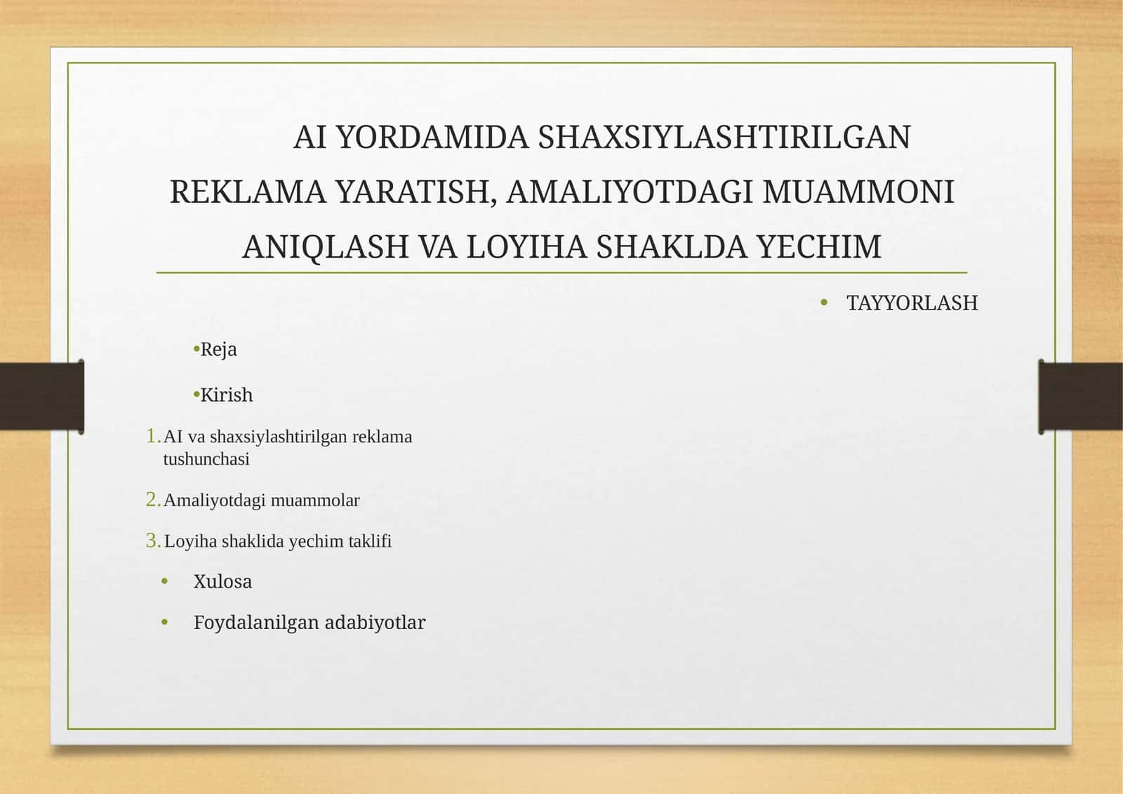 AIYORDAMIDASHAXSIYLASHTIRILGANREKLAMAYARATISH,AMALIYOTDAGIMUAMMONIANIQLASHVALOYIHASHAKLDAYECHIMTAYYORLASH