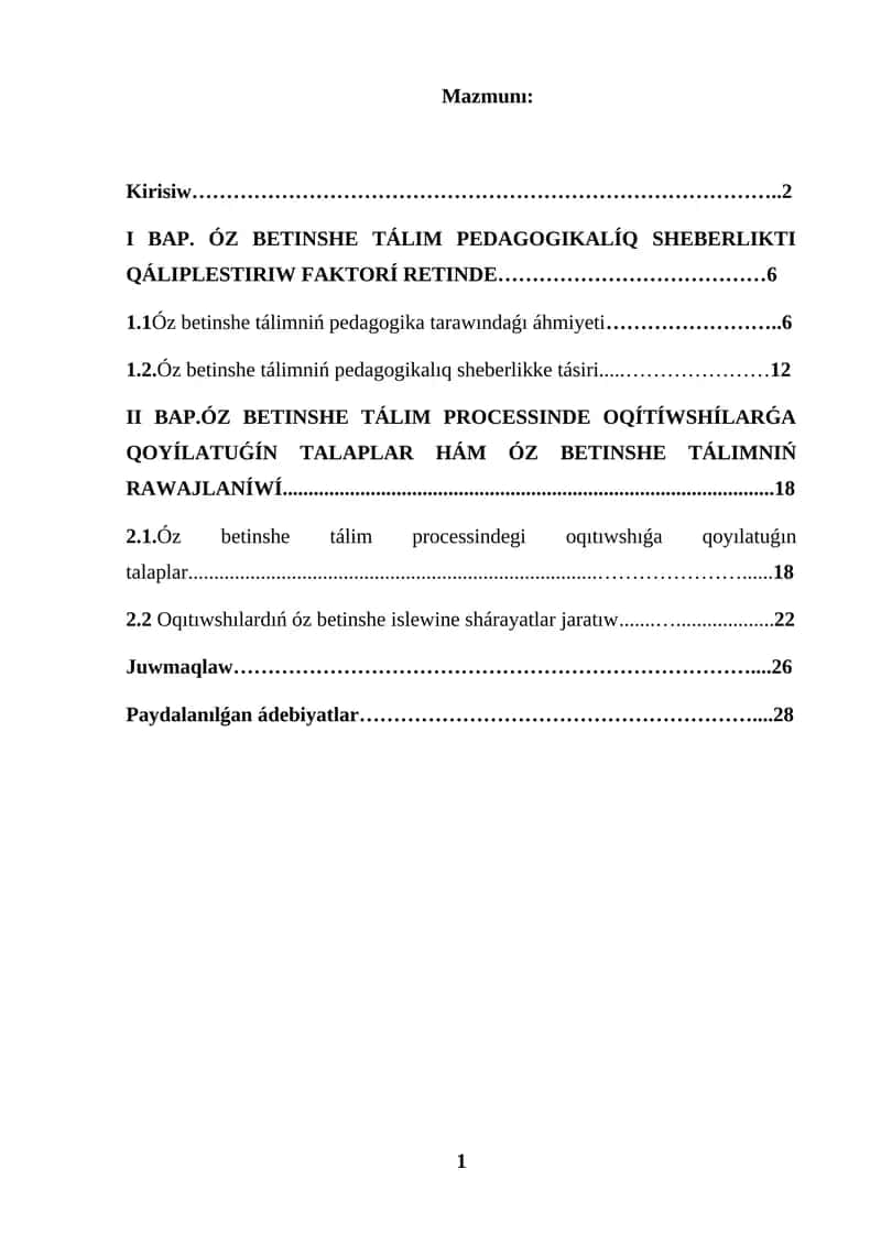 KURS JUMISI ÓZ BETINSHE TÁLIM PEDAGOGIKALÍQ SHEBERLIKTI QÁLIPLESTIRIW FAKTORÍ RETINDE