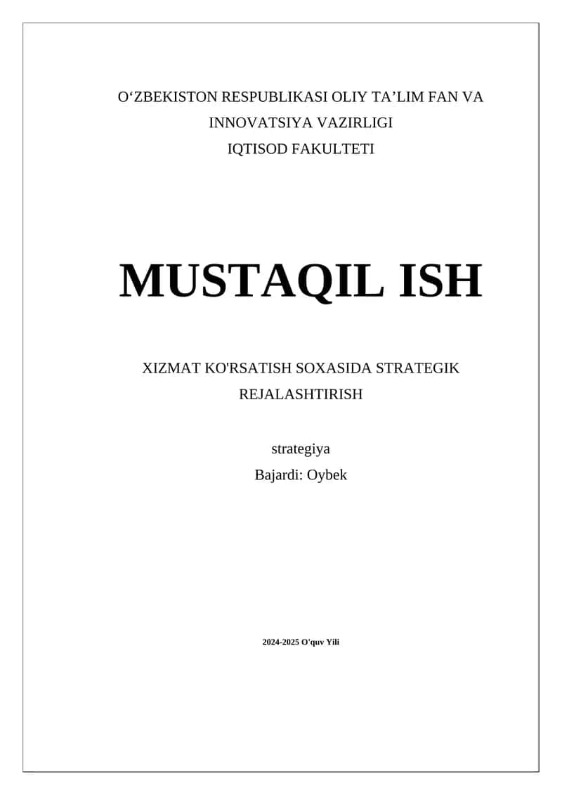 Xizmat Ko'rsatish Sohasida Strategik Rejalashtirish