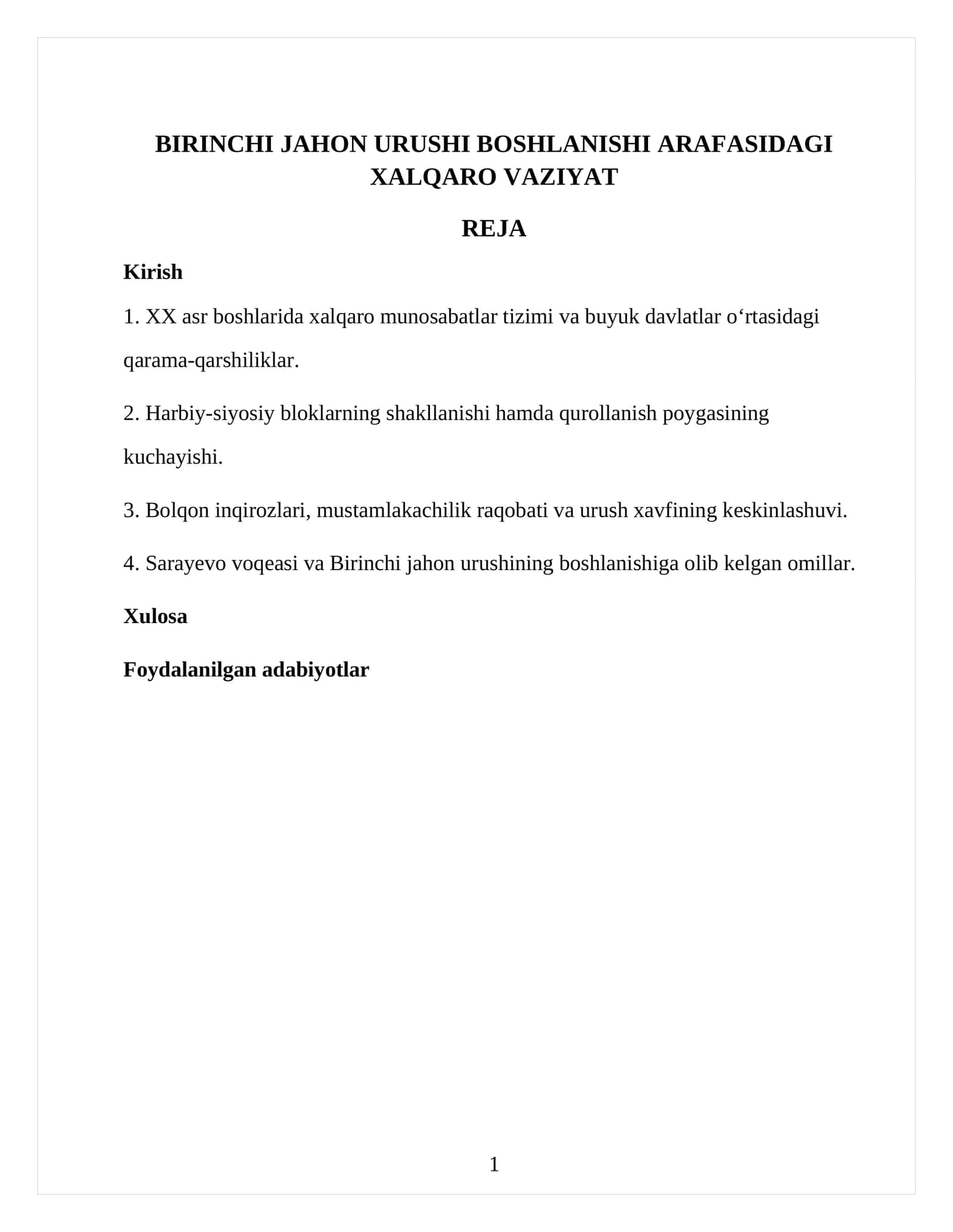 BIRINCHI JAHON URUSHI BOSHLANISHI ARAFASIDAGI XALQARO VAZIYAT