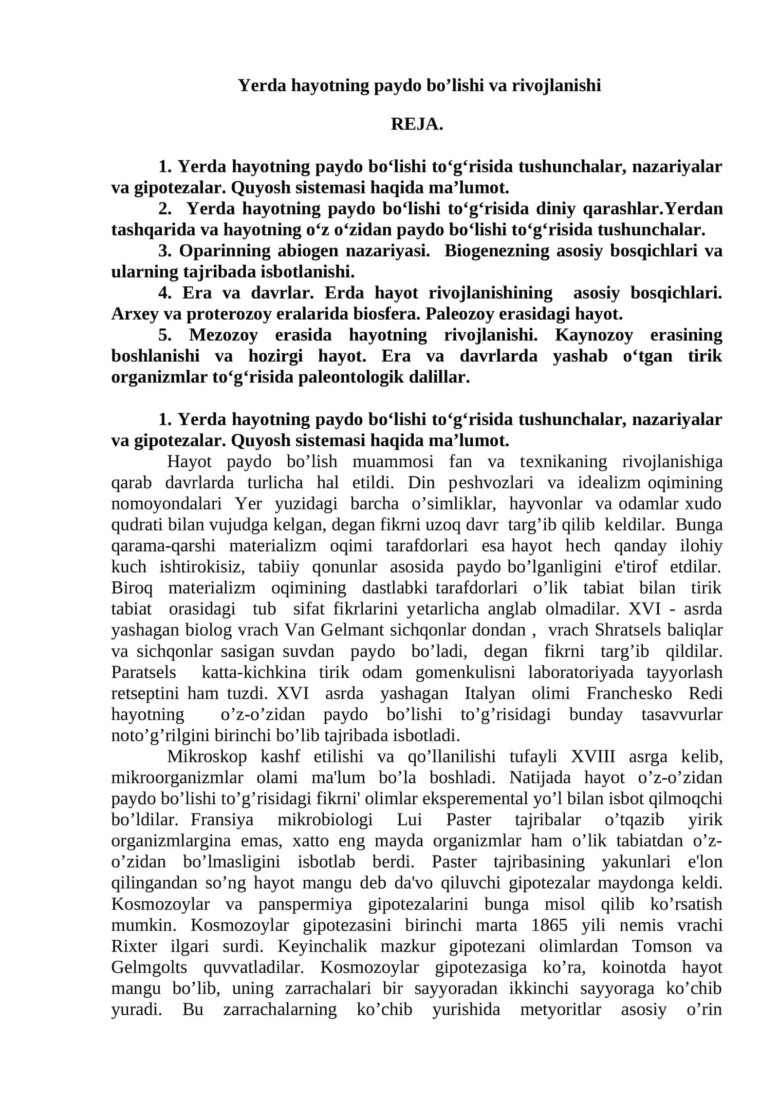 Yerda hayotning paydo bo’lishi va rivojlanishi