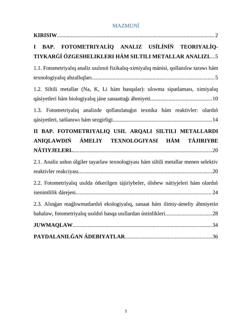 Fotometrik analiz usulida ishqoriy metallarni aniqlash