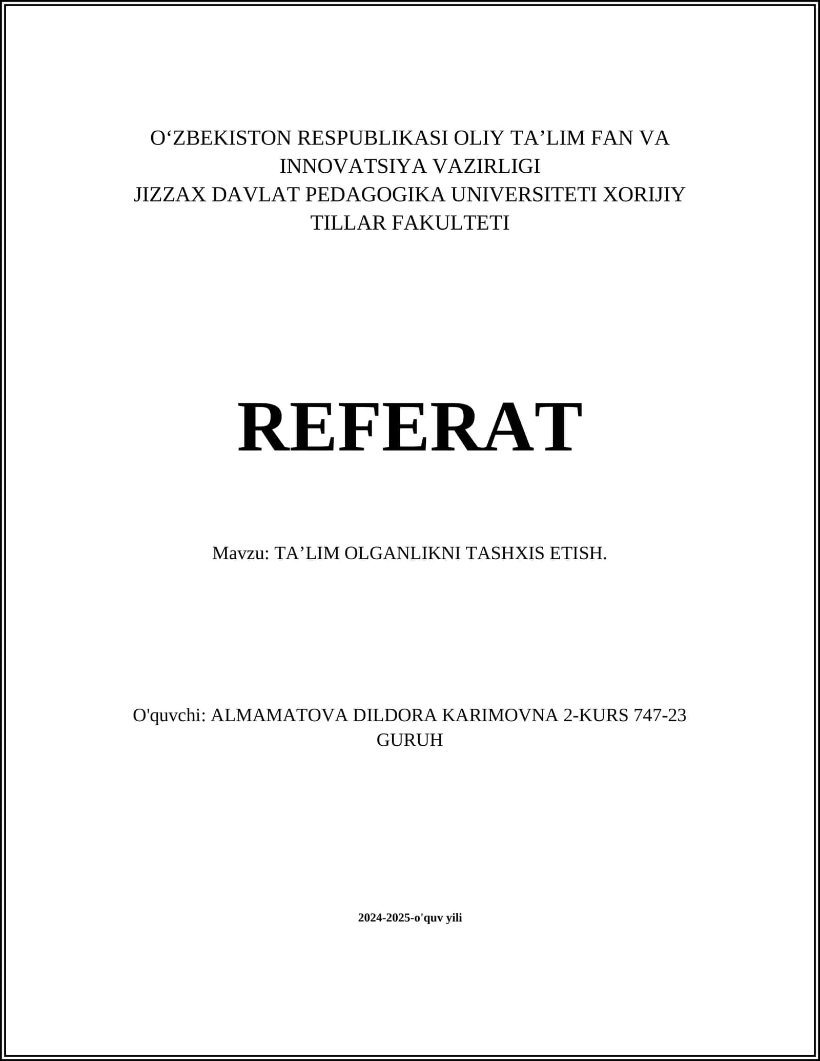 TA’LIM OLGANLIKNI TASHXIS ETISH