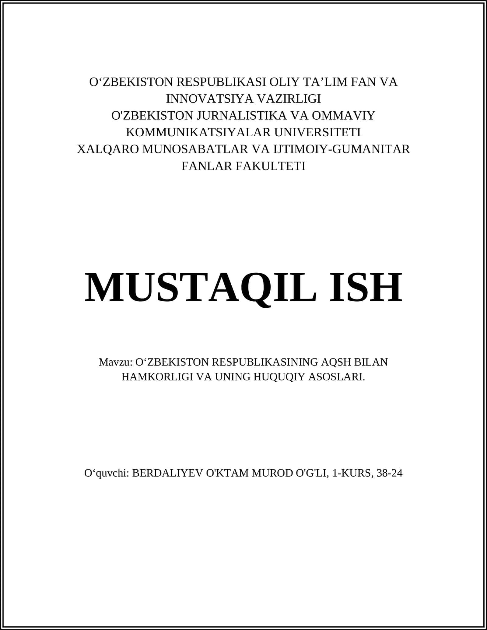O‘zbekistonning AQSH bilan hamkorligi va uning huquqiy asoslari