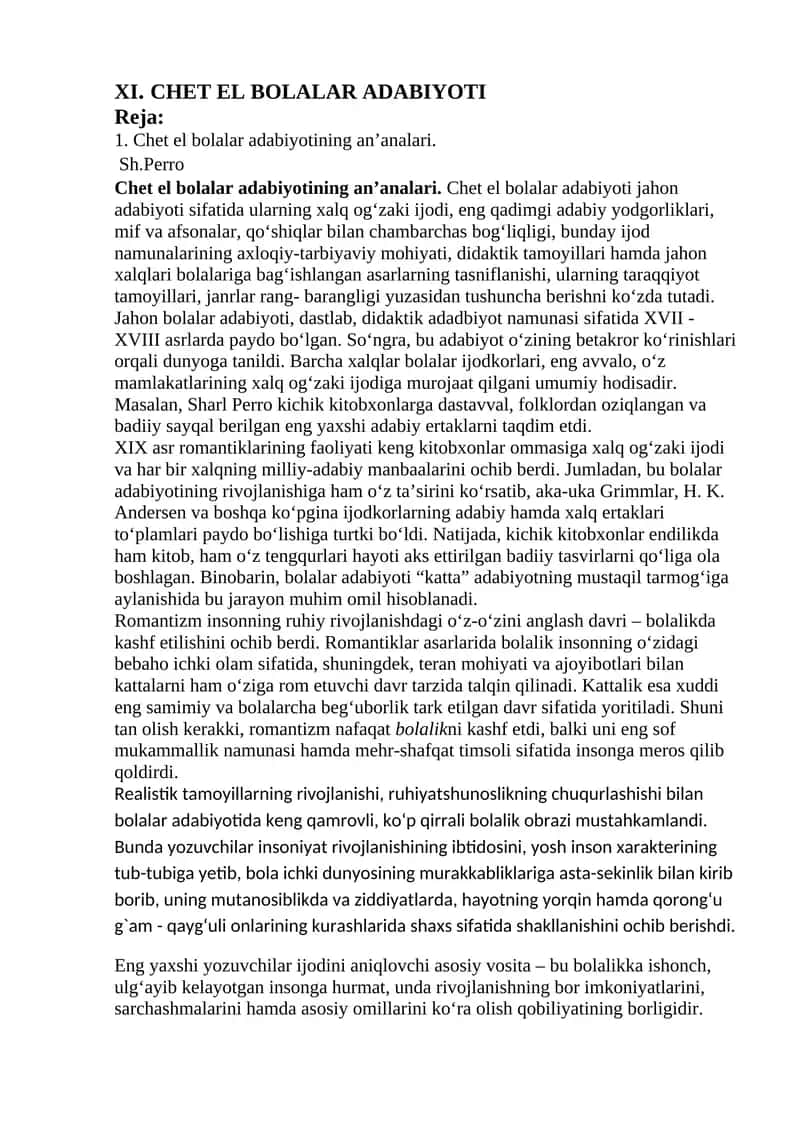 XI. CHET EL BOLALAR ADABIYOTI