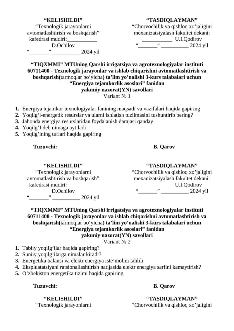 Texnologik jarayonlarni avtomatlashtirish va boshqarish