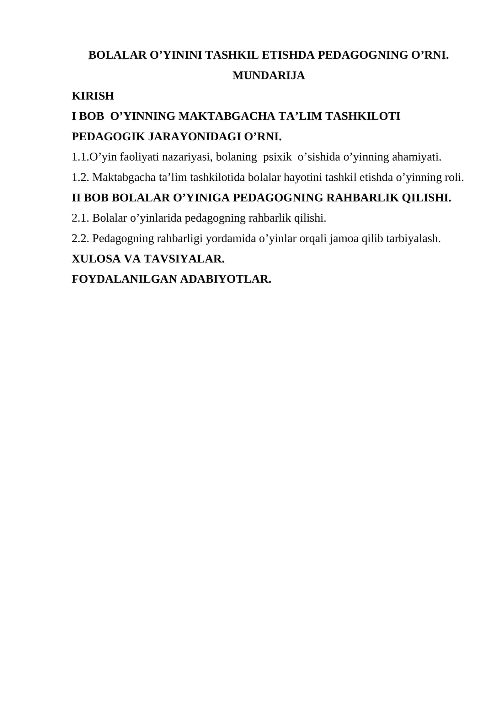 BOLALAR O’YININI TASHKIL ETISHDA PEDAGOGNING O’RNI