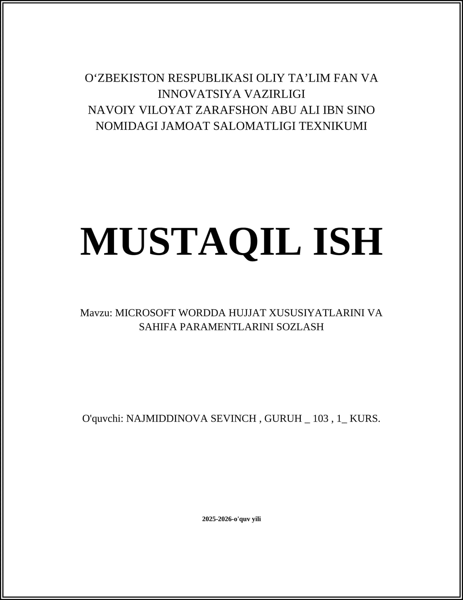 MICROSOFT WORDDA HUJJAT XUSUSIYATLARINI VA SAHIFA PARAMENTLARINI SOZLASH