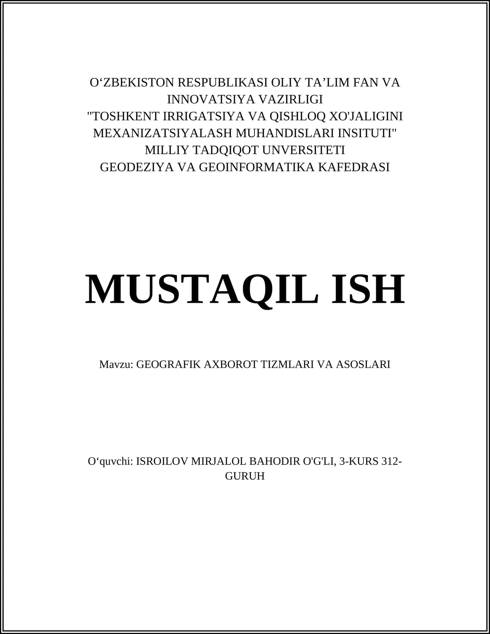 Geografik axborot tizmlari va asoslari