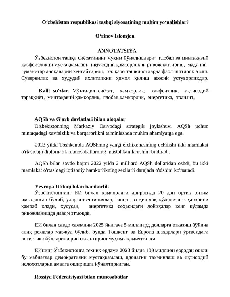 Oʻzbekiston respublikasi tashqi siyosatining muhim yoʻnalishlari