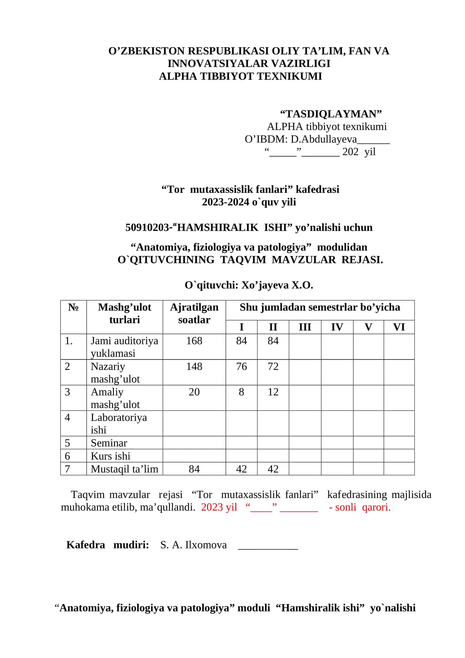 O`QITUVCHINING TAQVIM MAVZULAR REJASI