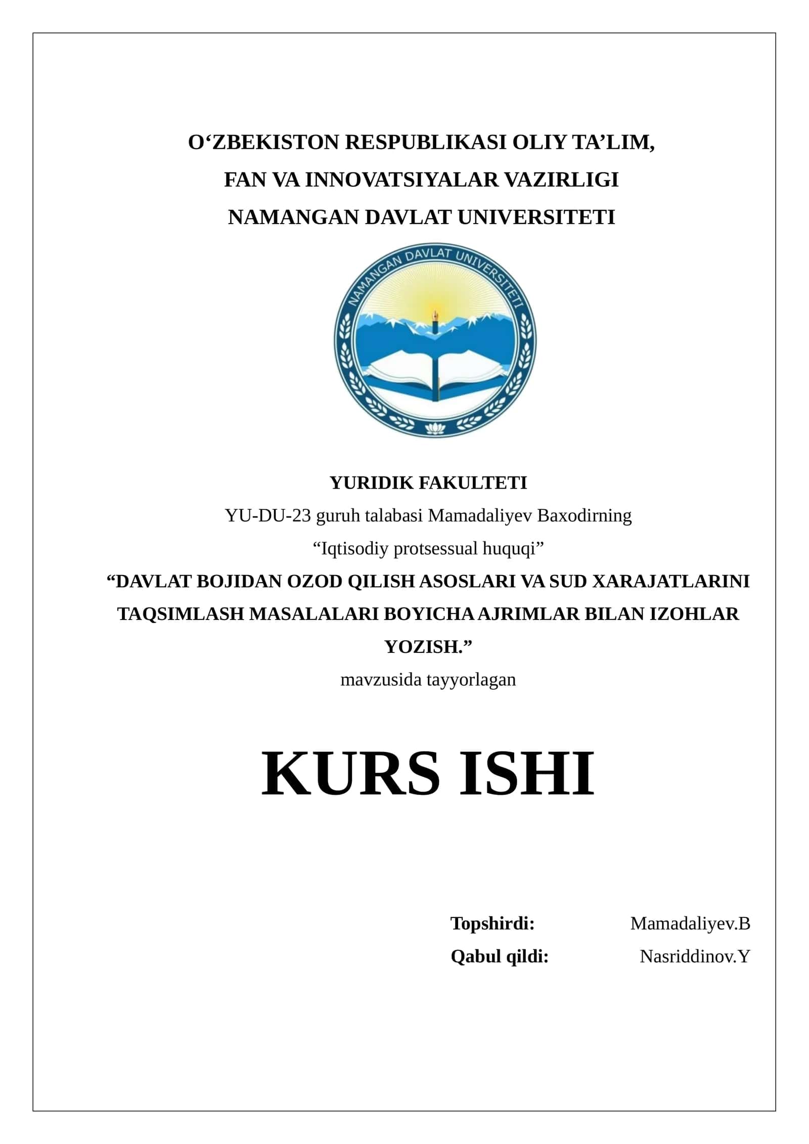 Davlat bojidan ozod qilish asoslari va sud xarajatlarini taqsimlash masalalari boyicha ajrimlar bilan izohlar yozish.