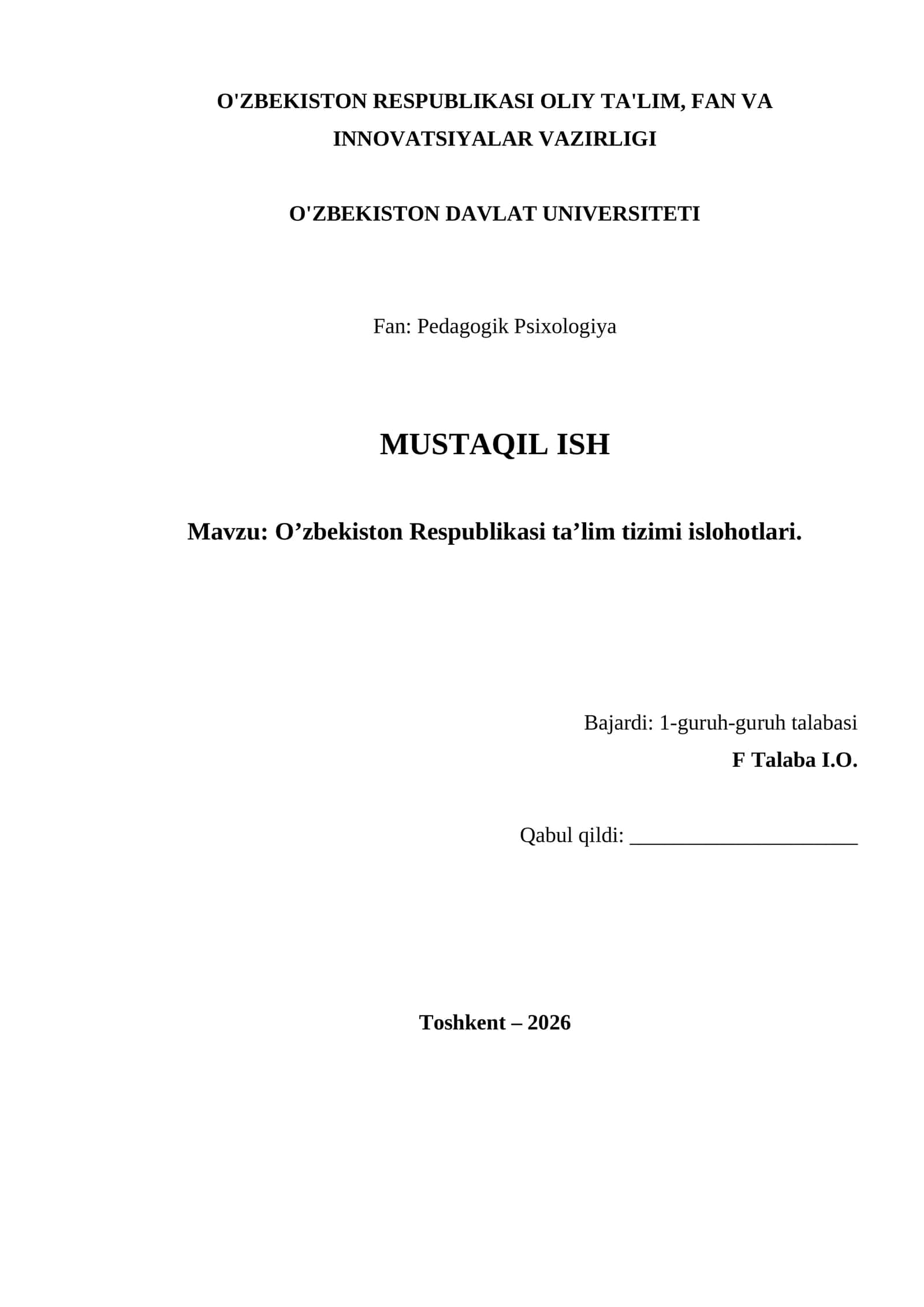 O’zbekiston Respublikasi ta’lim tizimi islohotlari