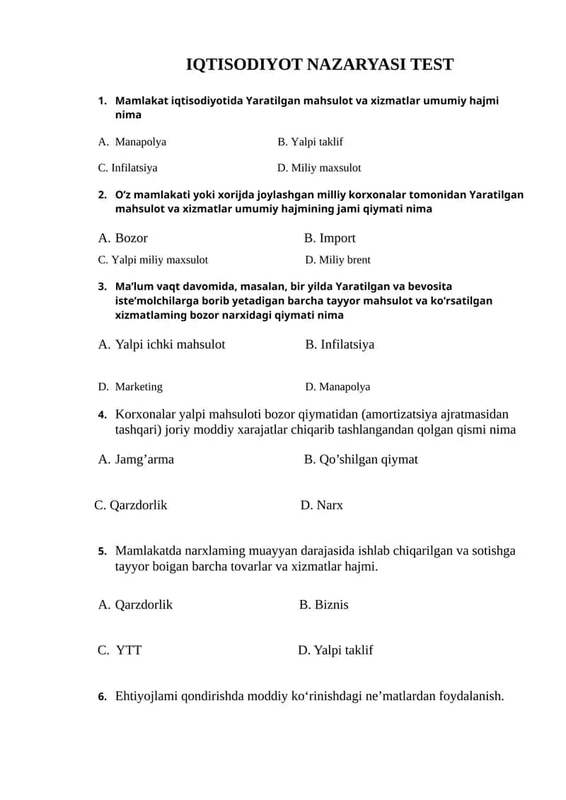 IQTISODIYOT NAZARYASI TEST