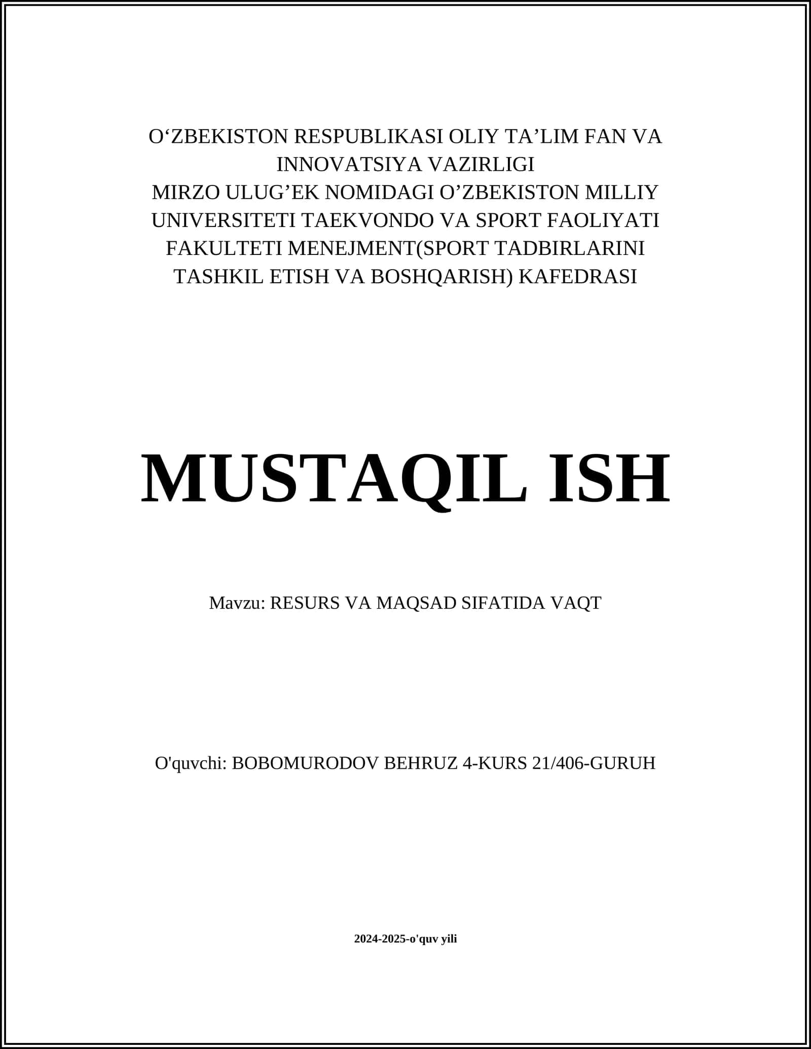 RESURS VA MAQSAD SIFATIDA VAQT